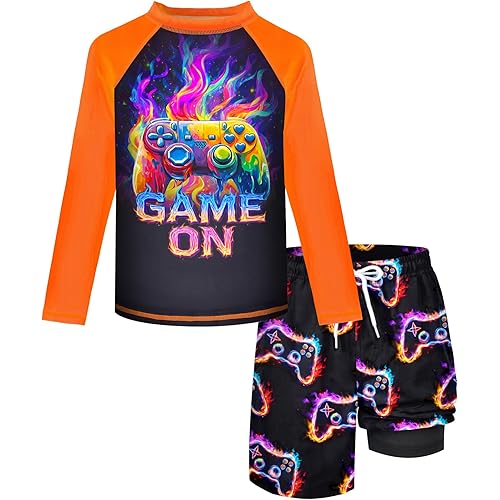 Boys Rash Guard Swim Set with Swim Trunks Bathing Suit Long Sleeve Swim Shirt Quick Dry Swimsuit Kids Swimwear Size 7-16