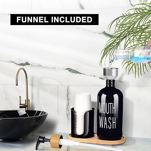 Miniatura 4 de Dispensador de enjuague bucal negro para baño, botella de vidrio con bomba de 16 onzas con soporte para tazas, 14 tazas de enjuague bucal, bandeja