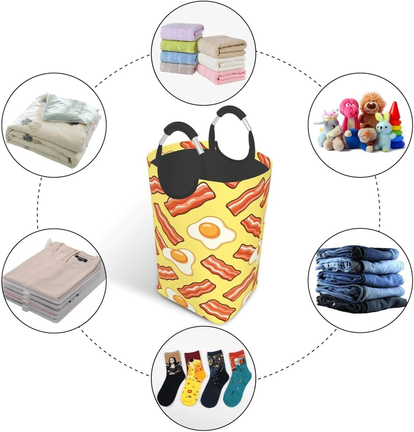 50l Laundry Basket Bacon Eggs Pattern Waterproof Laundry Hamper Foldable Clothes Laundry Bag With Handles