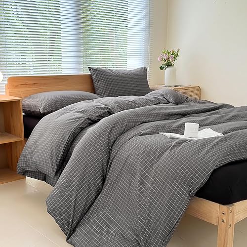 Miniatura 5 de NSNLGSGC Juego de funda de edredón a cuadros tamaño Queen, color azul grisáceo, juego de ropa de cama con patrón geométrico simple cuadrado, funda