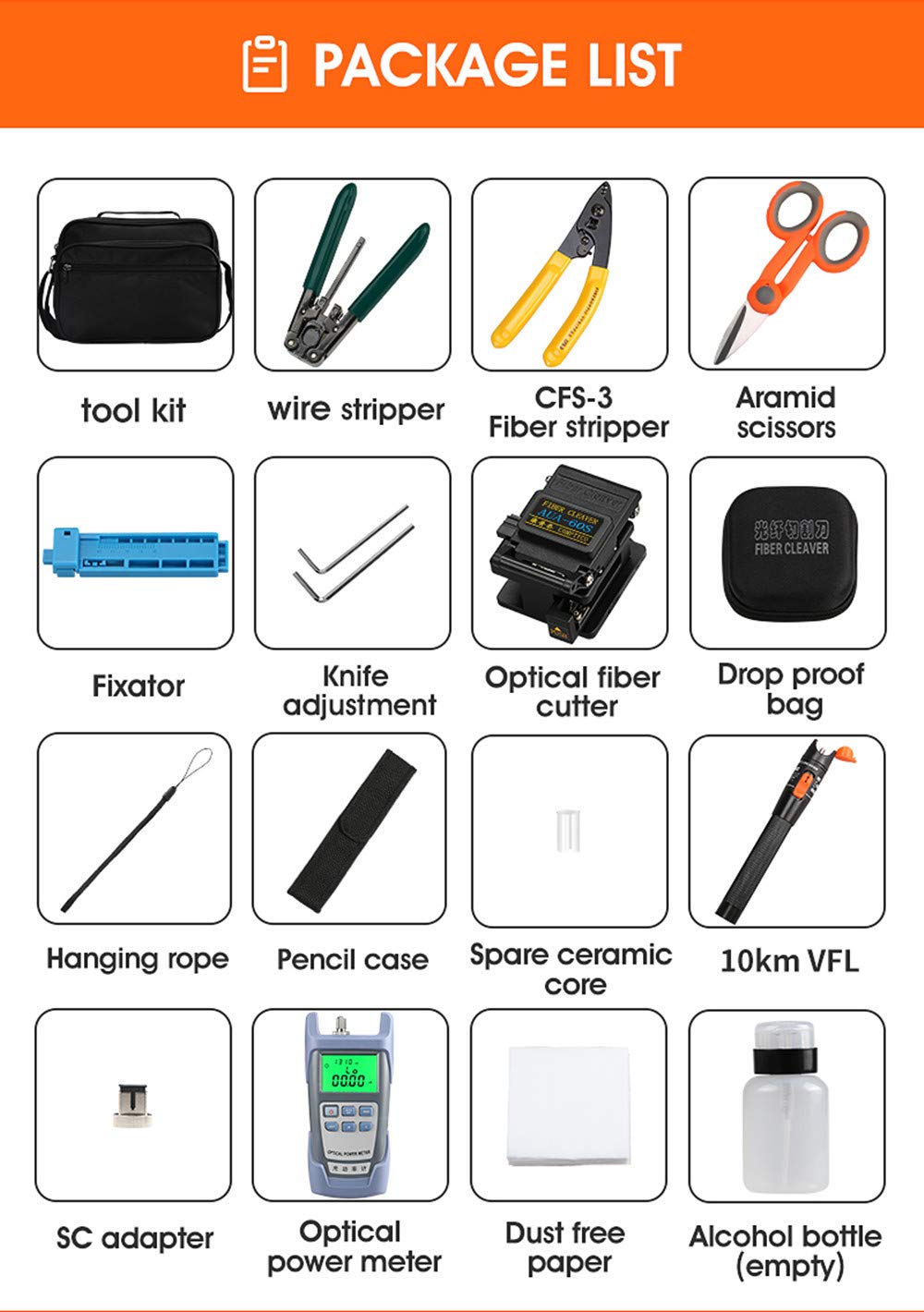 Osairous Kit Outils à Fibre FTTH avec Photomètre Fibre Optique, Cliveuse AUA-60S, Localisateur visuel de défauts 10 km