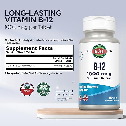 Miniatura 2 de KAL Vitamina B12 de 1000 mcg, suplemento de liberación sostenida para energía saludable, metabolismo, salud cardíaca, apoyo de nervios y glóbulos