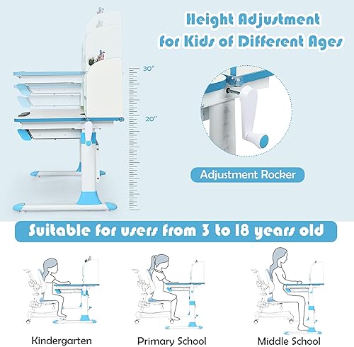 Miniatura 3 de Costzon Escritorio para niños, de 48 x 24 x 33 a 43 pulgadas, escritorio de estudio de altura ajustable con cajón, escritorio inclinado, estuche