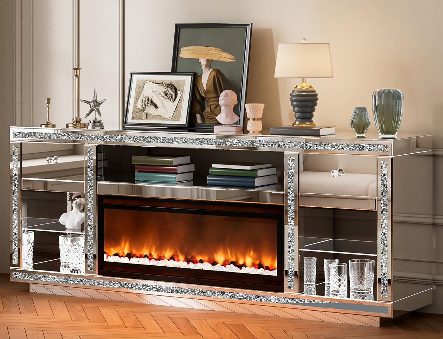 Mirrored TV Stand with Fireplace for 70 Inch TVs, Silver Fireplace TV Stand with LED, Electric Fireplace Modern Media Console with Drawers for Living Room, Bedroom