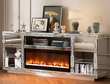 Kikihouse Mirrored TV Stand with Fireplace for 70 Inch TVs, Silver Fireplace TV Stand with LED, Electric Fireplace Modern Media Console with Drawers for Living Room, Bedroom