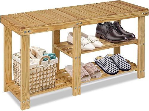 ECOMEX Zapatero para entrada, estante de madera de 3 niveles, organizador de zapatos, banco organizador de zapatos, banco de entrada para