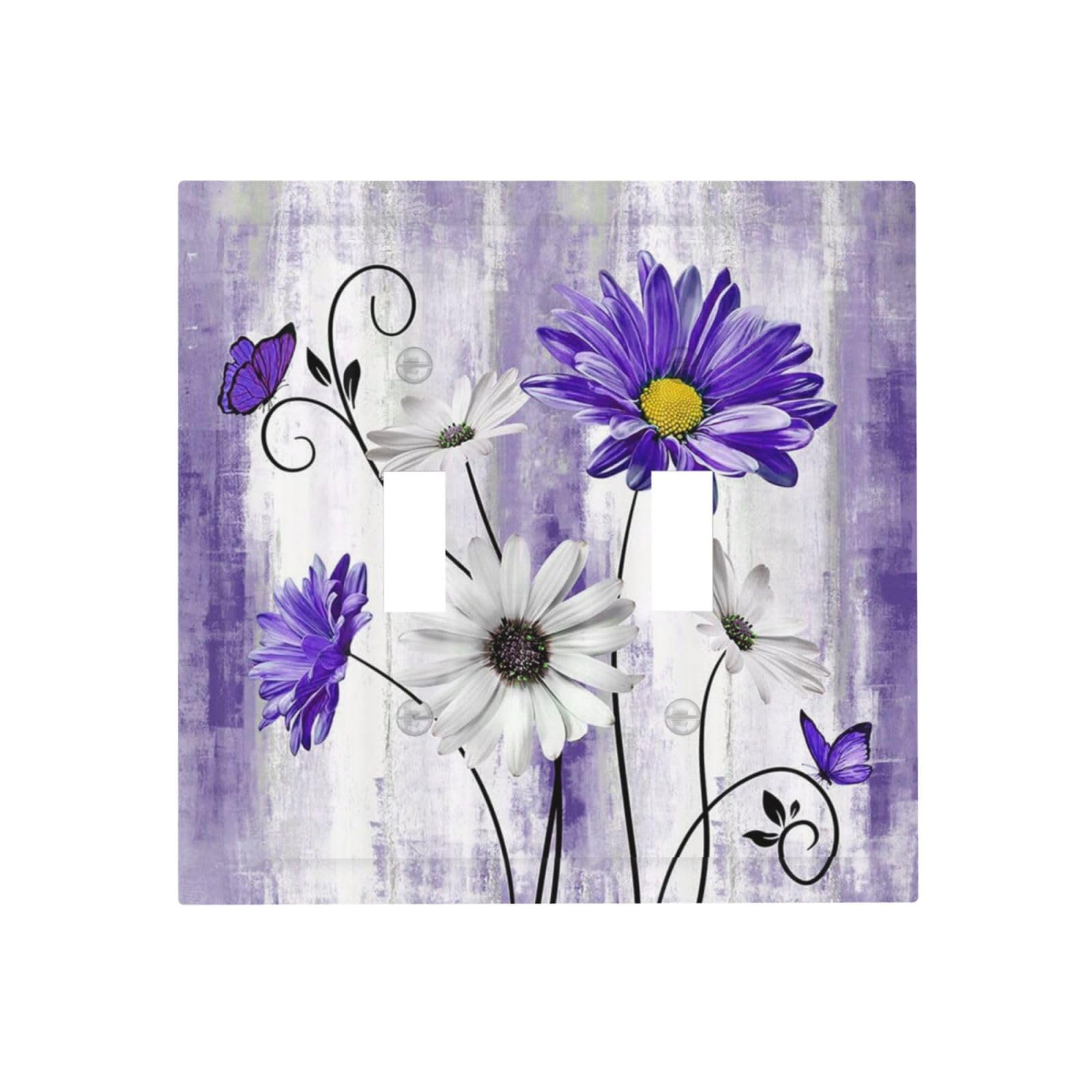 Xuejiaku Decorative Light Switch Cover Plate Rustic Purple Daisy Butterfly Boho White Floral 2 Gang Wall Plate Cover Double Toggle Switch Plate Covers Electric Dual Device Electrical Faceplate
