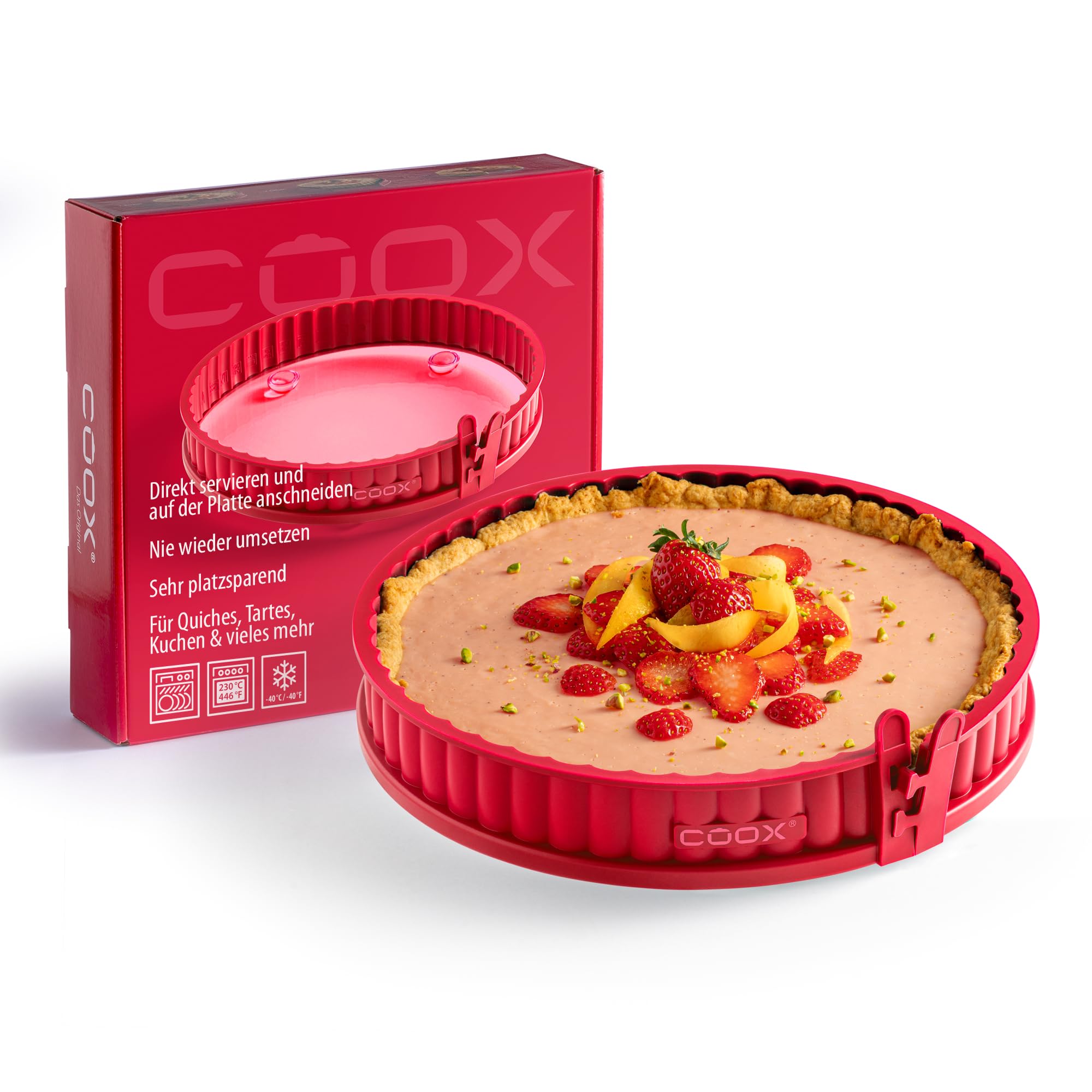 coox Quicheform mit Glasboden ⌀ 26 cm und Glasfüßen in Rot, perfekt backen und direkt auf dem Glasboden servieren und schneiden