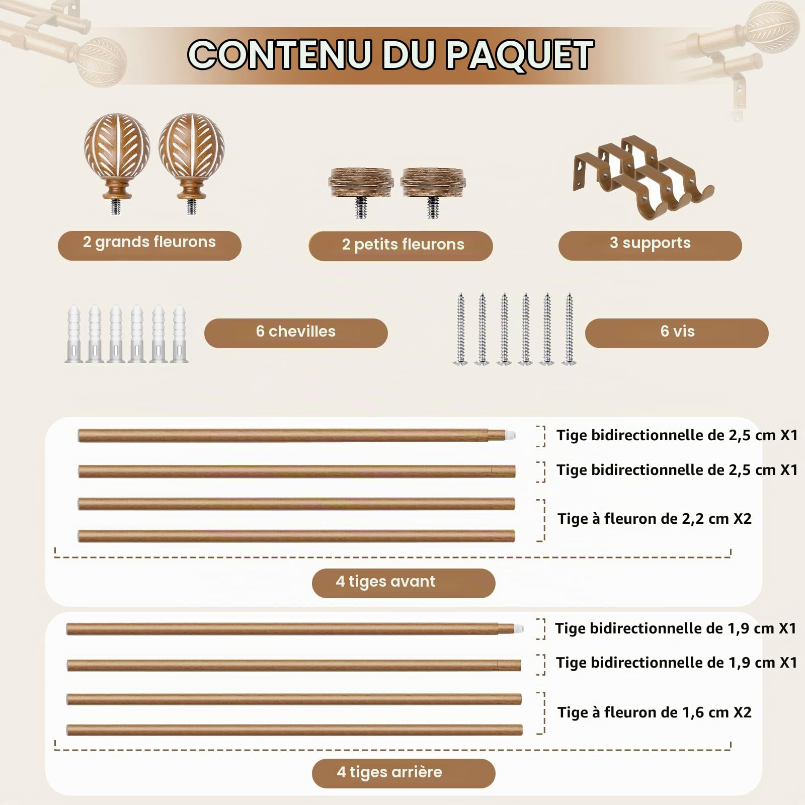 KAMANINA Tringle à rideaux double en bois de 2,5 cm pour fenêtres de 167,6 à 304,8 cm (1,5 à 3 m) – Tringles à rideaux décoratives très résistantes avec embouts à motif de feuilles – Grain de bois