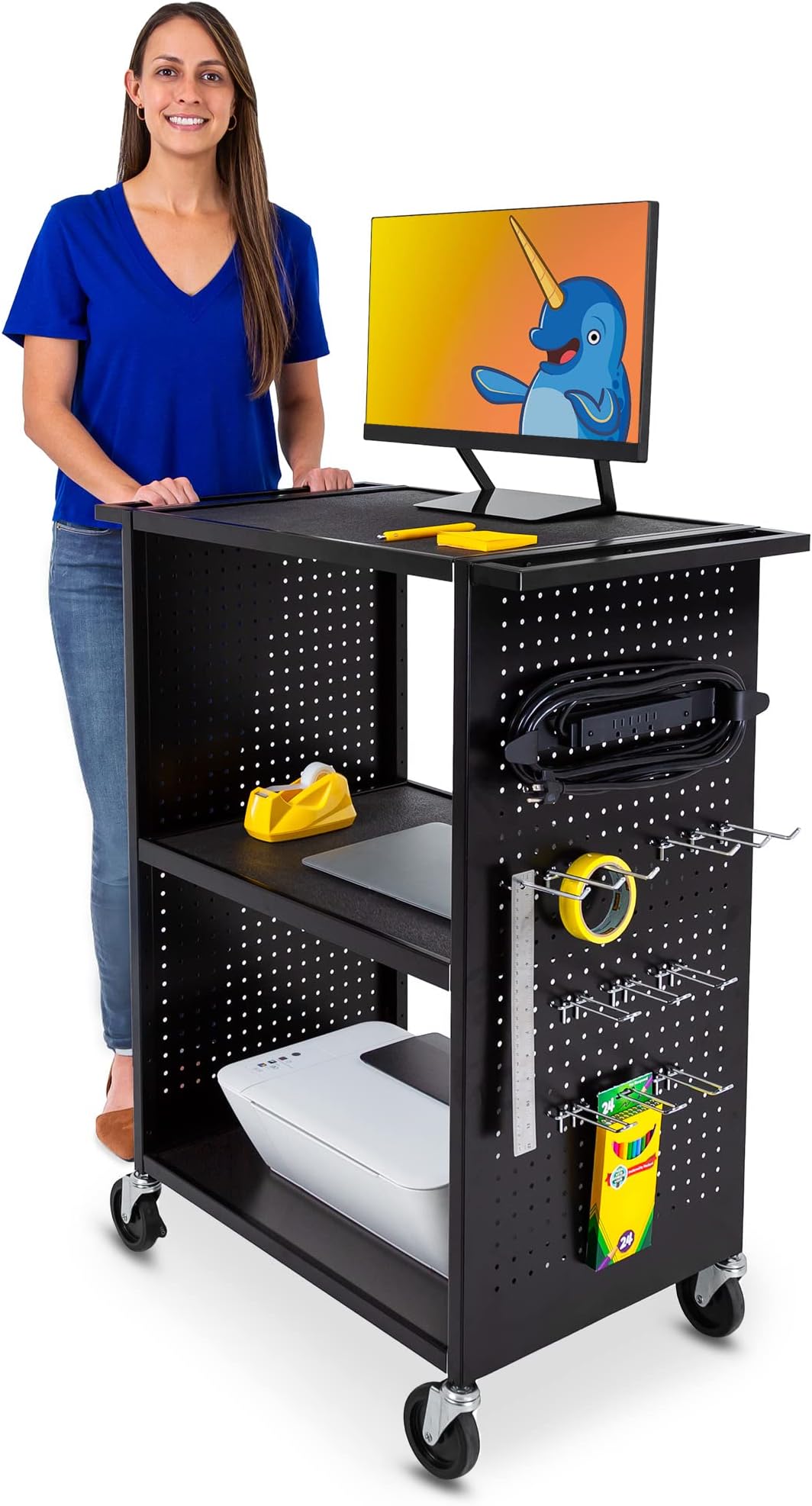 Line Leader Stellar AV Cart | Reimagine Your Teacher Cart with Revolutionary Pegboard Siding & 12 Movable Peg Hooks for Customizable Storage | UL Safety Certified Mobile Workstation & Computer Cart