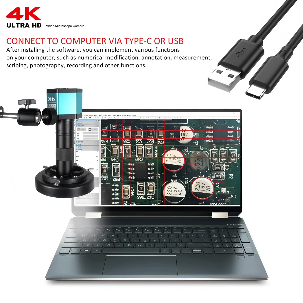 4K Microscope 48MP Digital Microscope For Electronics USB Industrial Cameras HDMI 1-150X Zoom C-Mount Lens Phone Pcb Soldering（C 13MP HDMI VGA）