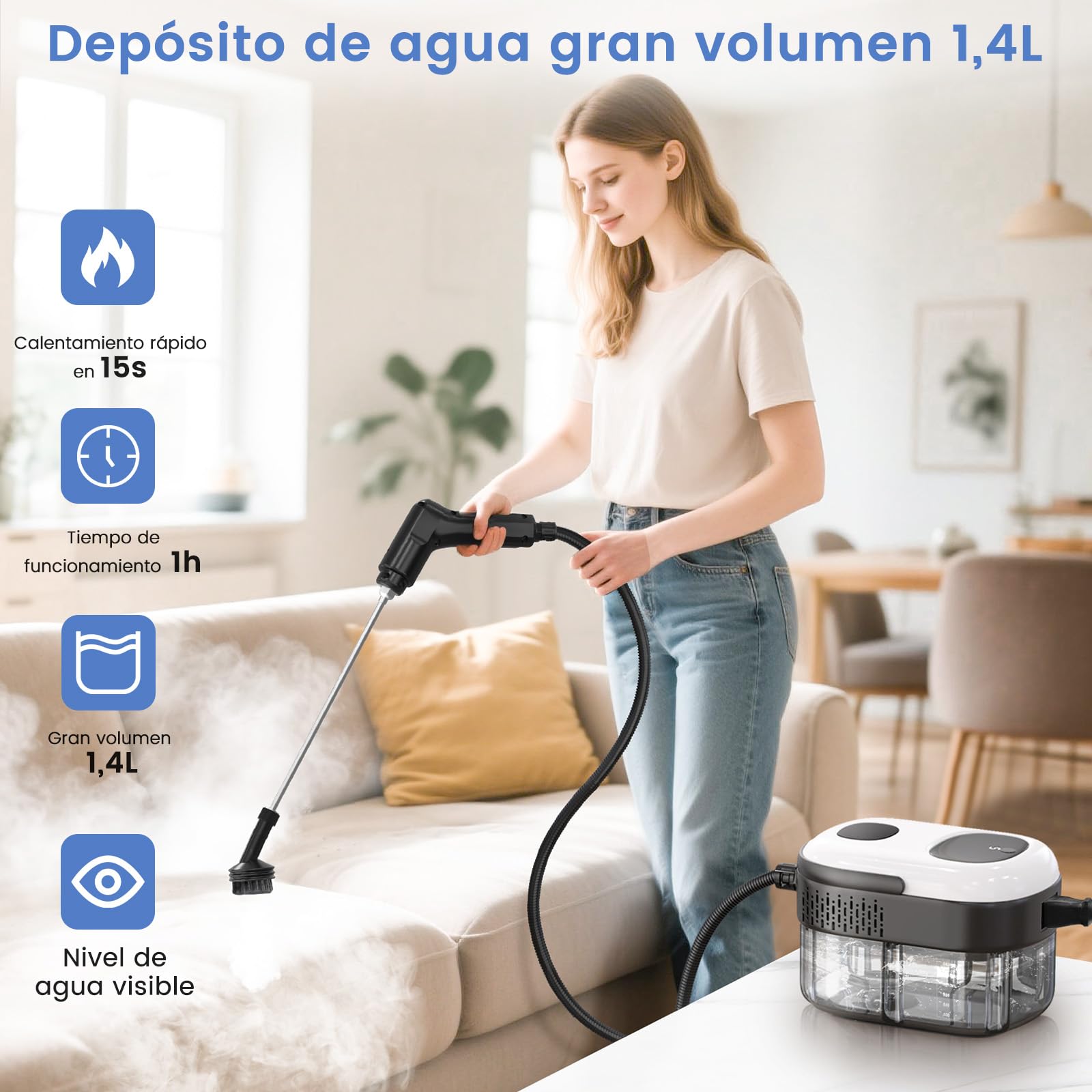 Limpiador a Vapor Portátil 2500W, Vaporeta de Mano 1,4L, 18 Accesorios, 3 Modos de Vapor