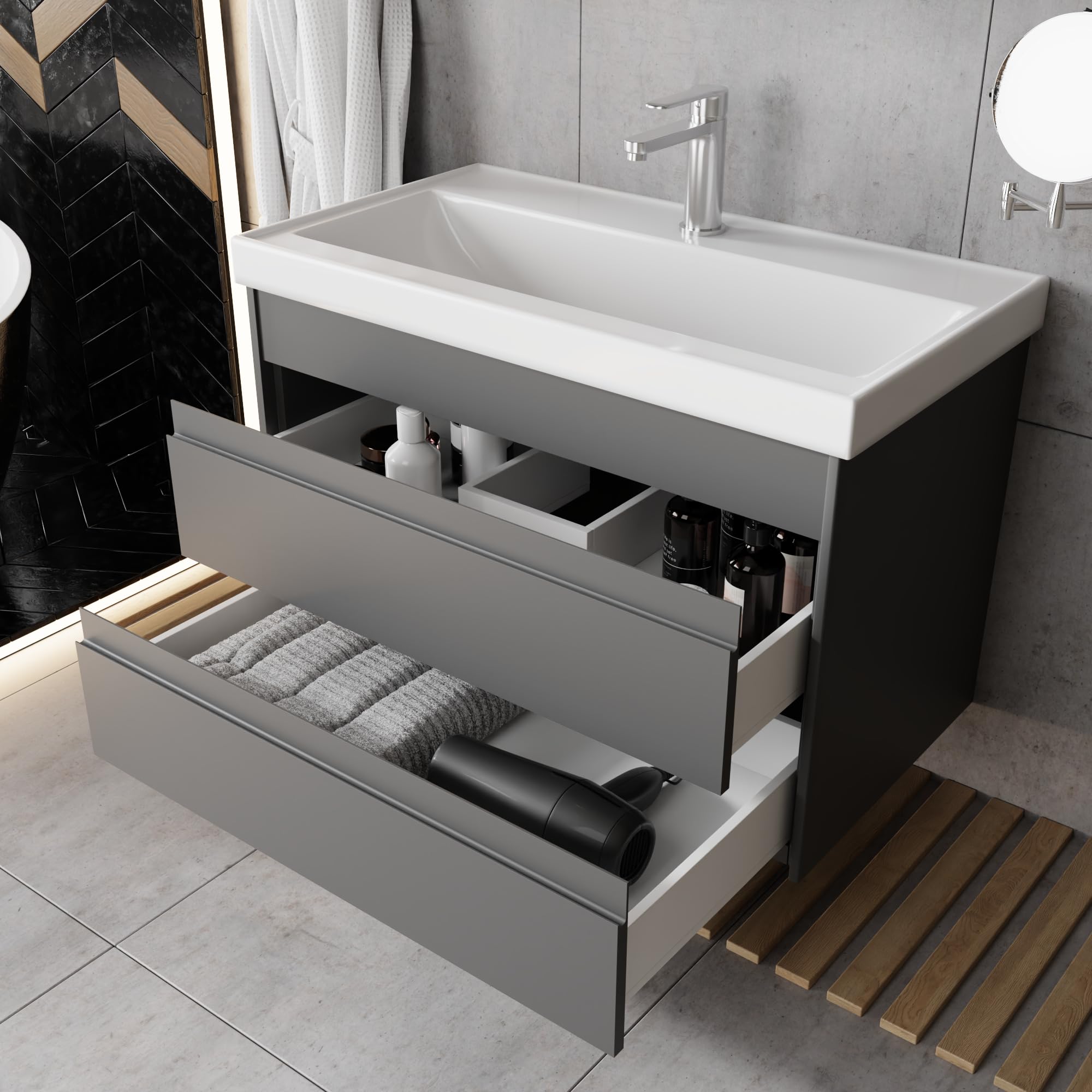 Badezimmermöbel Set Lara 80 Anthrazit | Keramikwaschbecken | Unterschrank | Spiegelschrank | Softclose-Schubladen & -Türen & unsichtbare Griffe | Moderner Stil | Badmöbel Waschtisch