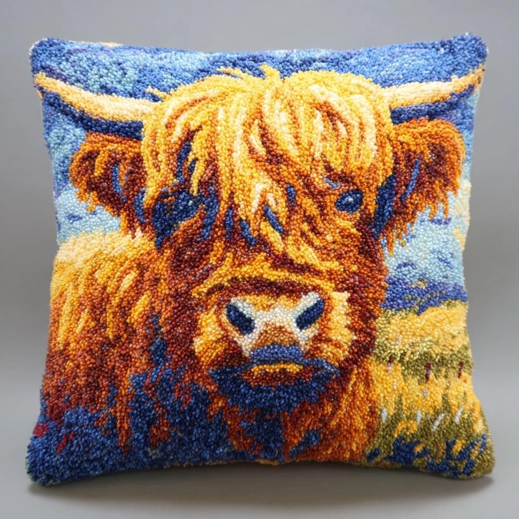 WallustrioaW DIY Latch Hook Kits Pillow Cover,Highland Cattle