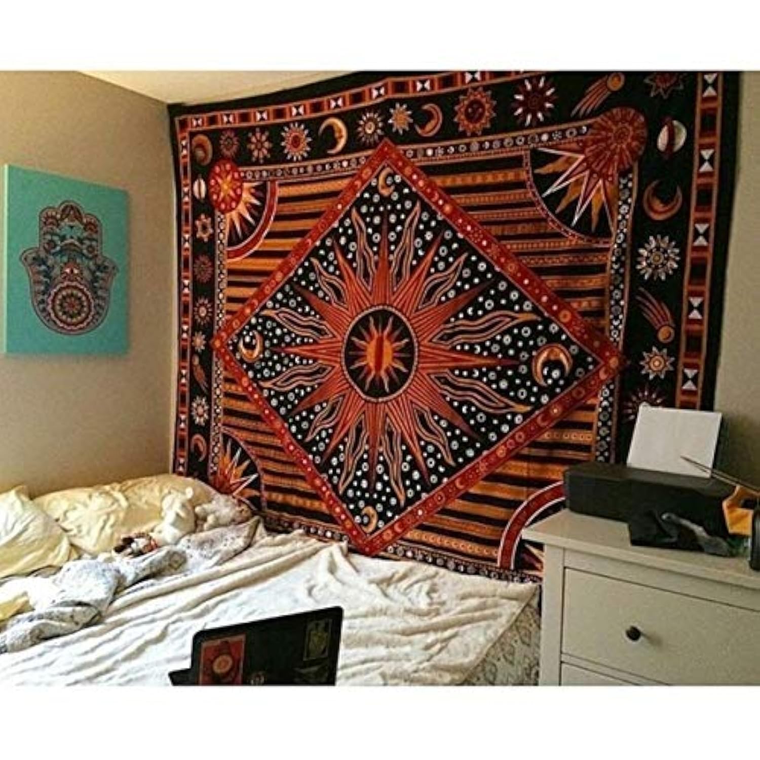 Mandala Tapestry Bohemian Wall Hanging, Psychedelic Wall Art, Dorm Décor Beach Throw, Indian Wall Tapestries Art (Celestial Orange Queen)