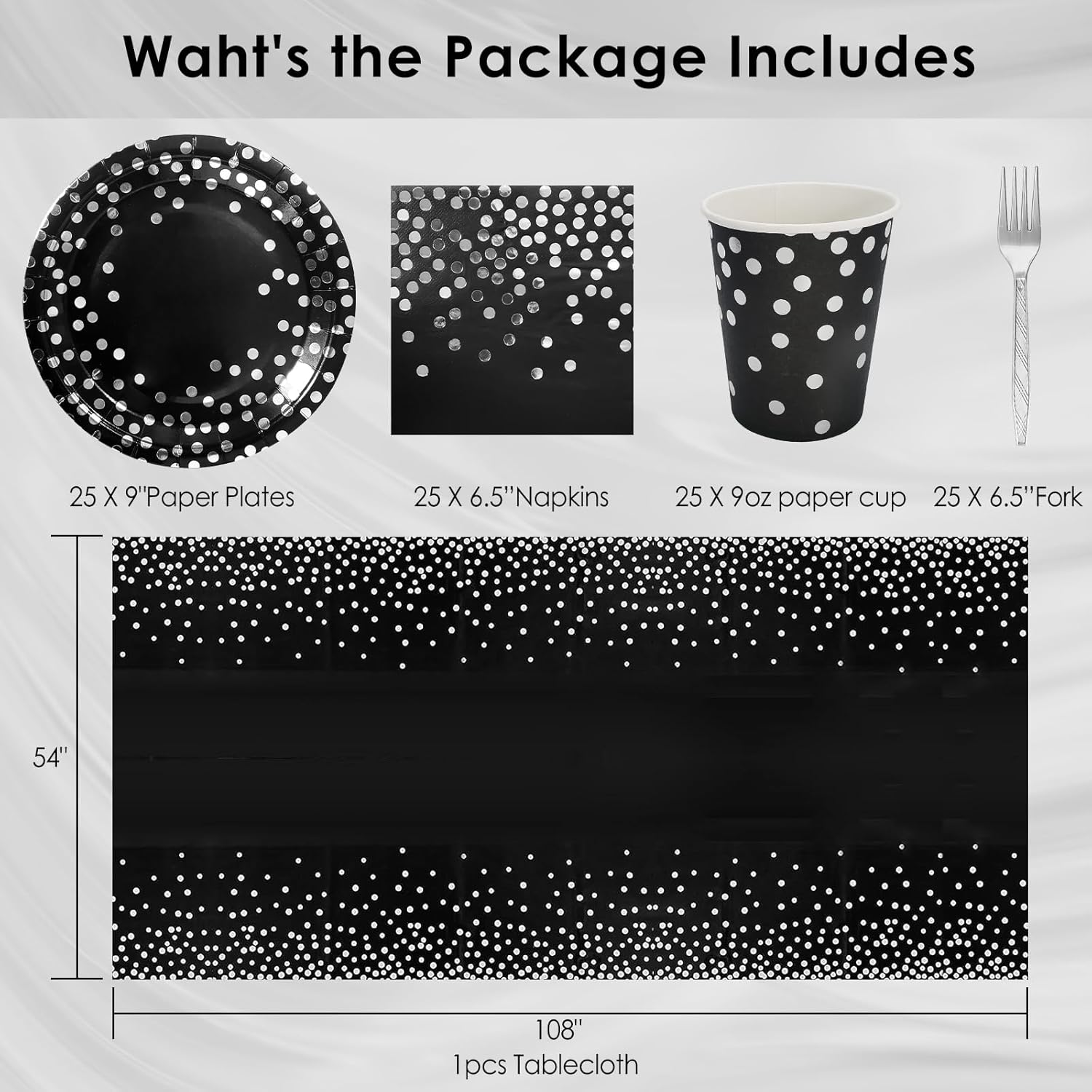 Serves 25 Guests Black and Silver Paper Plates Napkins Party Supplies,9-inch Silver Dot Black Paper Plates Napkins Cups Tablecloths for Father’s Day Prom Retirement Wedding Birthday Party - Image 2