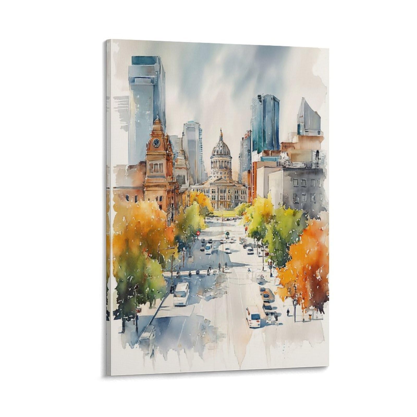 XWYMXZ Dallas Watercolor Print Texas Travel Posters 24x36inch(60x90cm) Vintage Watercolor Canvas Art