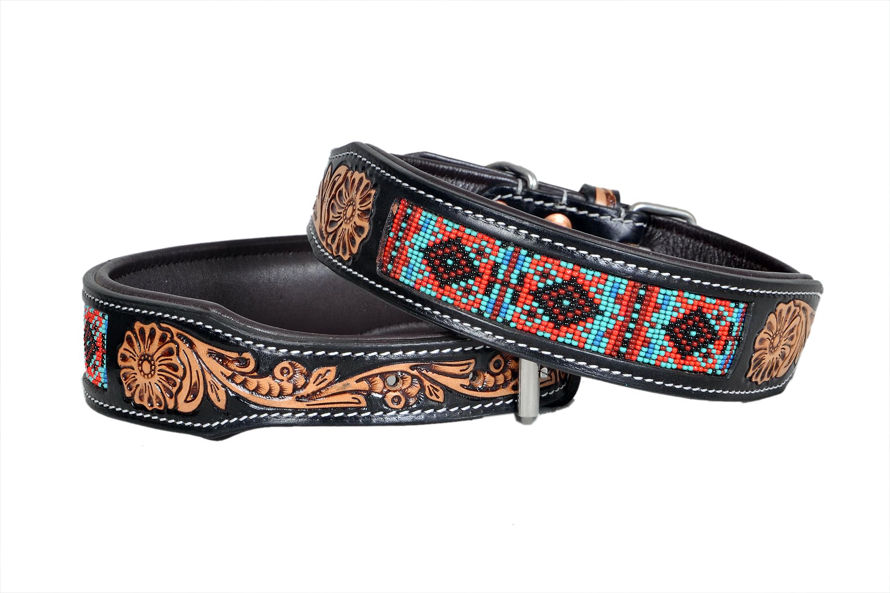 Hundehalsband aus Leder, Größe XS, Western-Stil, strapazierfähig, handgedreht, verstellbar, mit Perlen und gepolstert, weich für Welpen und große Hunde, 10IS013-XS