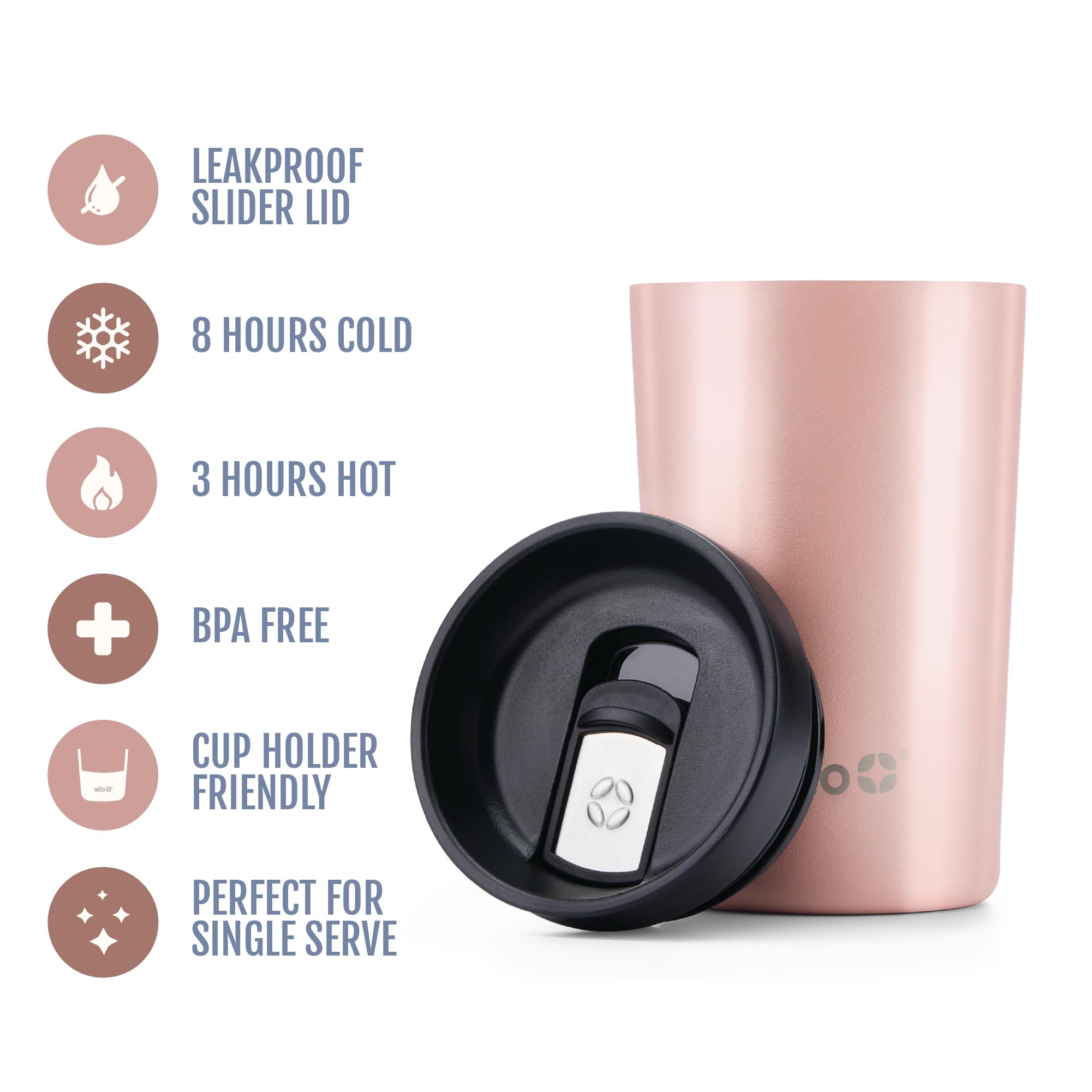 Ello Jones Taza de café de viaje de acero inoxidable, taza de té de viaje, 11 onzas, oro rosa