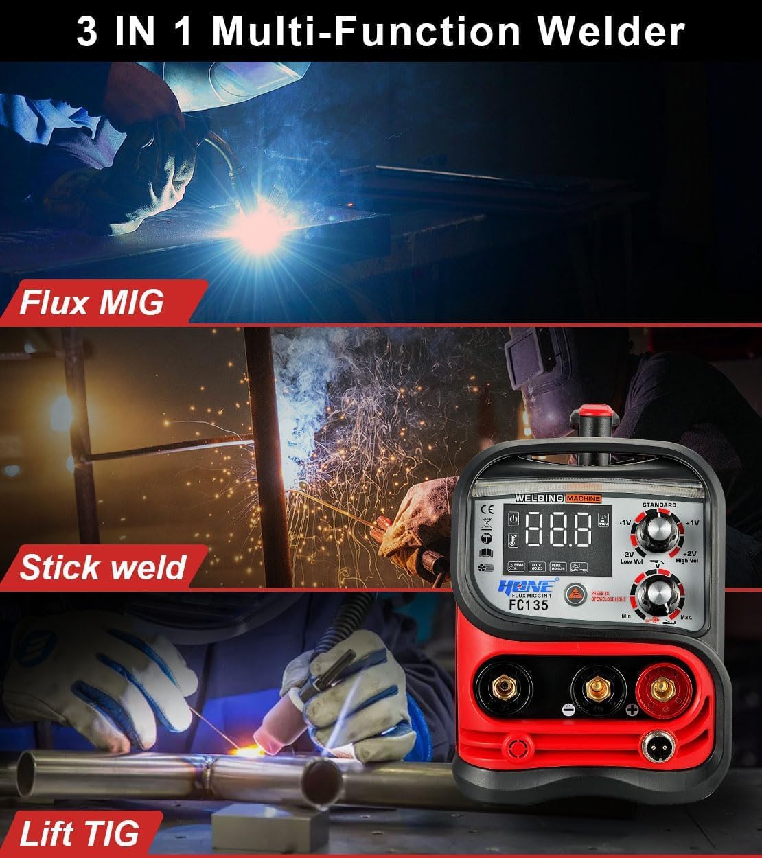 HONE MIG Welder Machine 110V,135A Flux Core Welder 3 in 1 Portable Welder,MIG/Stick Welder/Lift TIG Welding Machine with Large LED Display, Gasless Wire Welder with Flux Core Wire