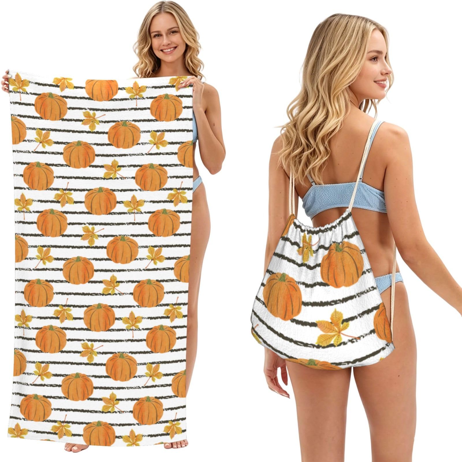 Poadnly As Picture Autumn Pumpkins And Leaves, 2 In 1 Packable Towel Bag, Beach Towels With Drawstring Backpack For Travel Holiday Camping
