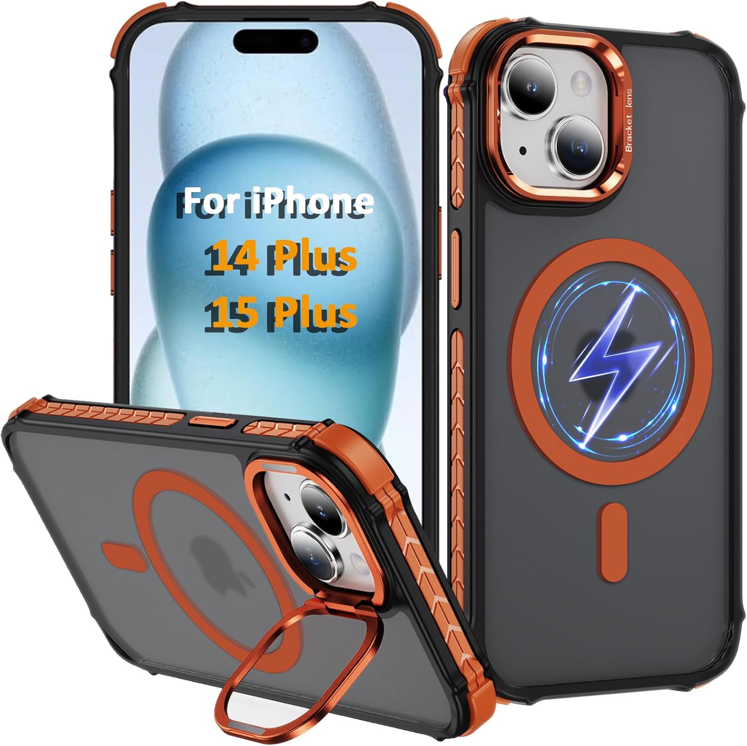 i Phone 14 Plus Case, for iPhone 15 Plus Case, Compatible with MagSafe Wireless Charging, Heavy Duty, Shockproof, Adjustable Kickstand, Slim Matte Anti-Fingerprint Orange.