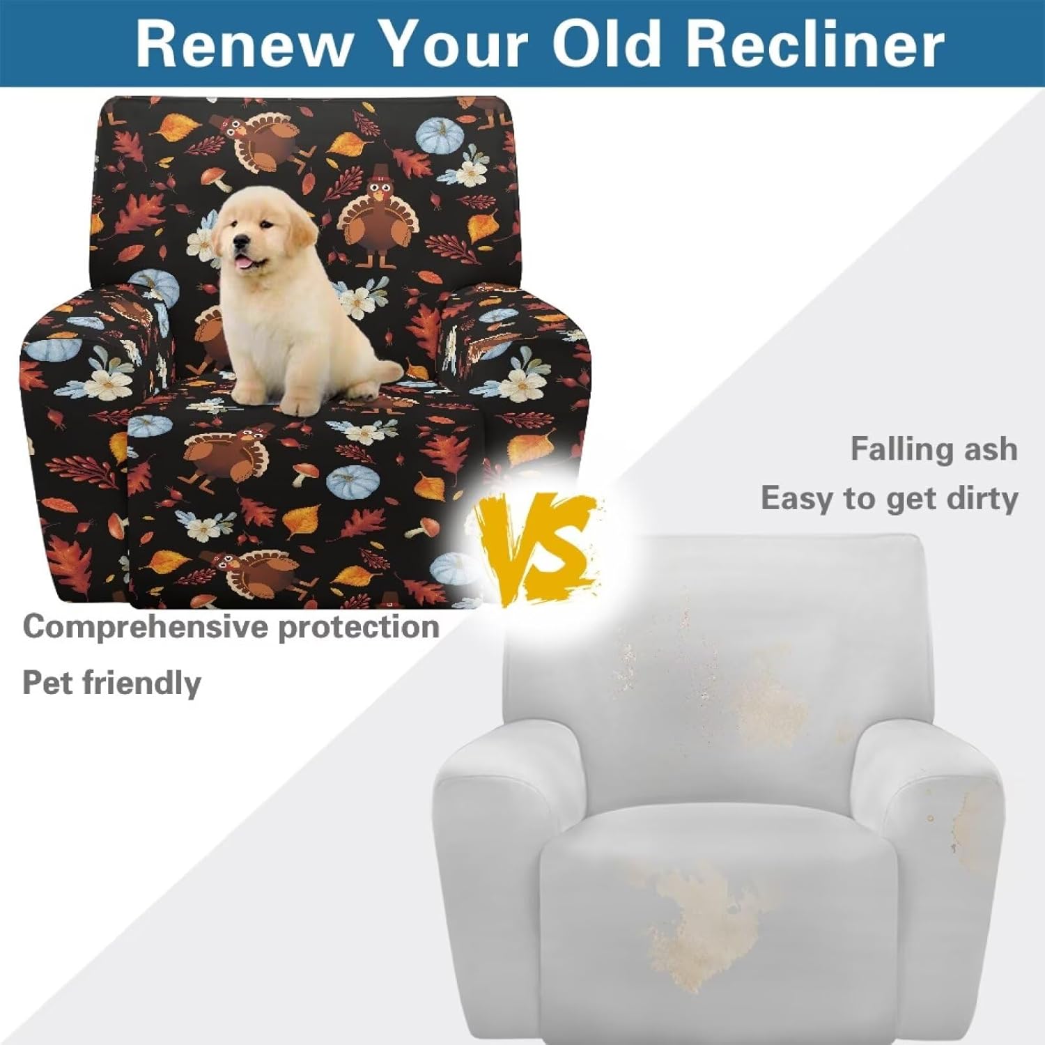 FOR U DESIGNS Turkey Cute Pumpkin Recliner Cover 4 Pieces Stretch Slipcovers Non Slip with Storage Pockets Easy Clean Furniture Protector for Most Recliners Living Room