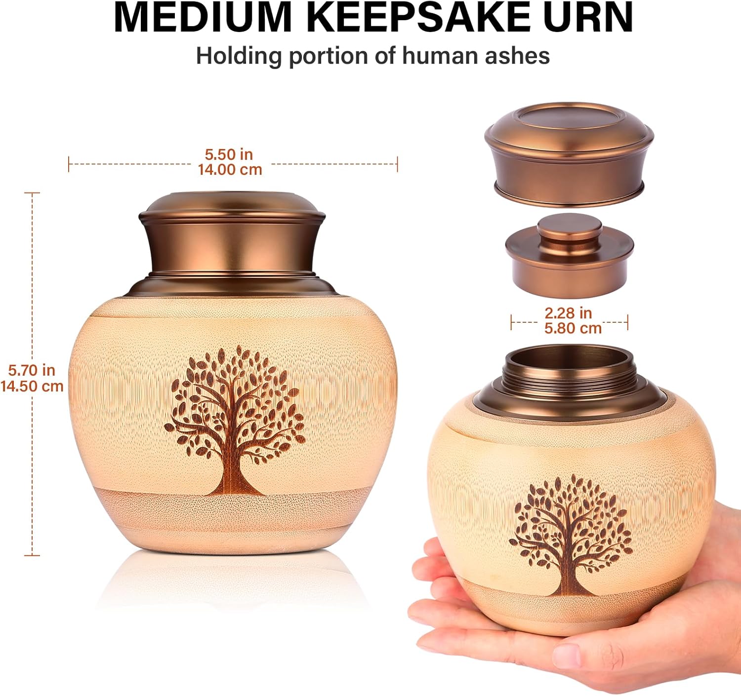Medium Keepsake Urns for Human Ashes Made of Bamboo,Memorial Cremation Urns for Human Ashes Adult Female Male,Decorative Urns Ash Container with Tree of Life Pattern,Hold Up to 90 Cubic Inch