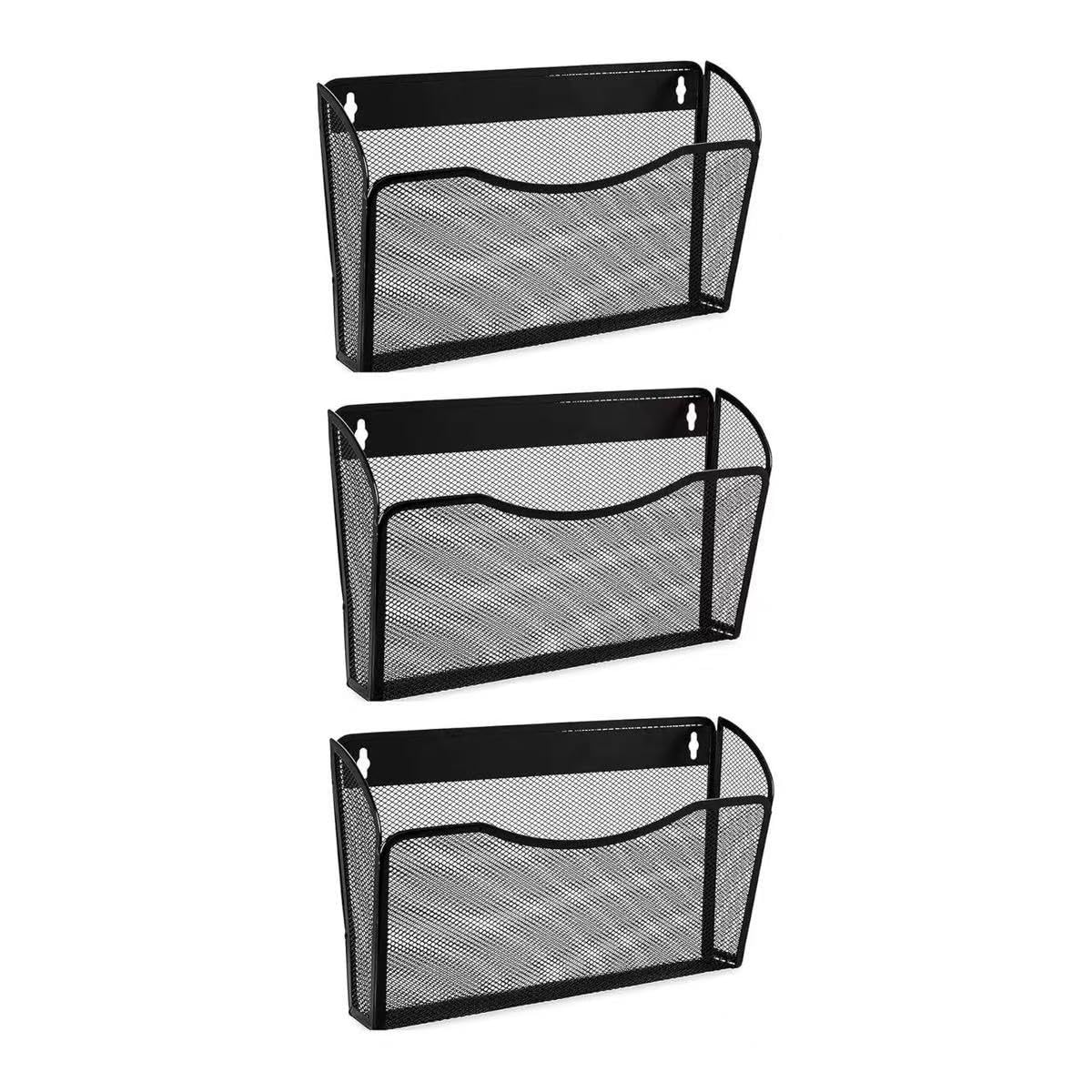 A4 Mesh Wall File Holder, 3 Pocket Hanging Magazine & Mail Organiser, Black