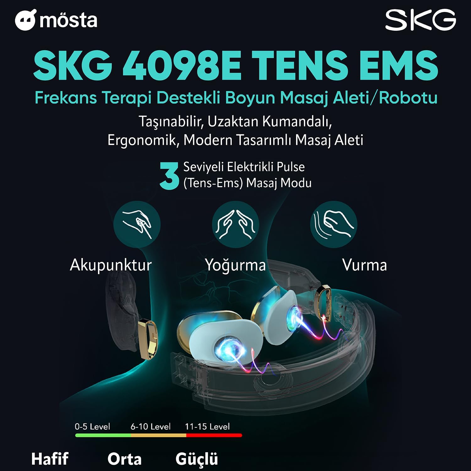 SKG 4098E моюн массаждоочу аппараты, TENS EMS режимдерин көрсөтөт