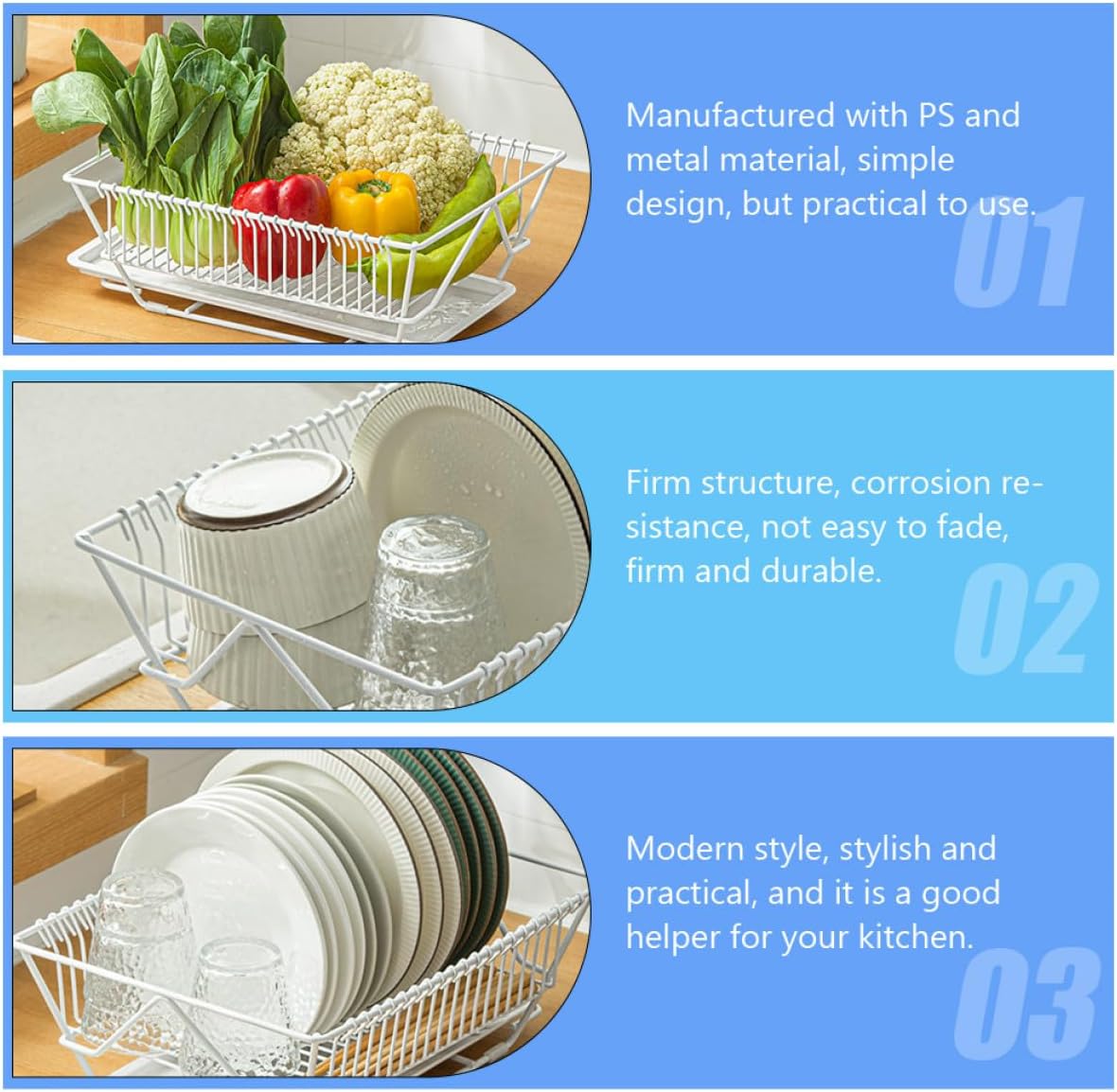 Uonlytech Dish Drying Basket and Utensils Holder with Tray, White Kitchen Drainer Rack for Sink Storage and Organization, Metal Dish Rack for Home Kitchen Use