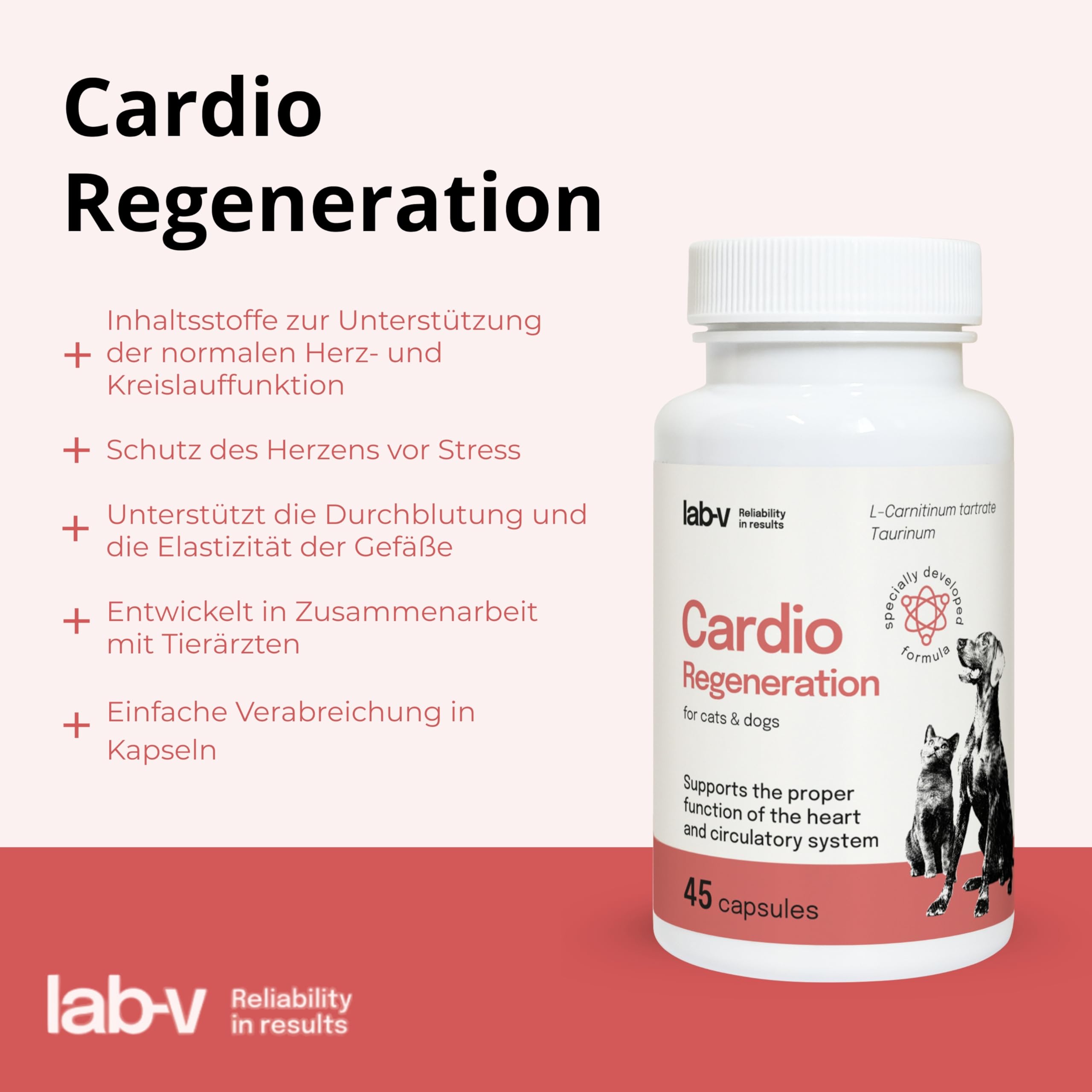 Cardio Regeneration Lab-V, 45 Kapseln, fortgeschrittene Herzunterstützung für Hunde und Katzen, tierärztliche Formel mit Taurin, L - Arginin und L - Carnitin für Hunde und Katzen, gesundes Herz