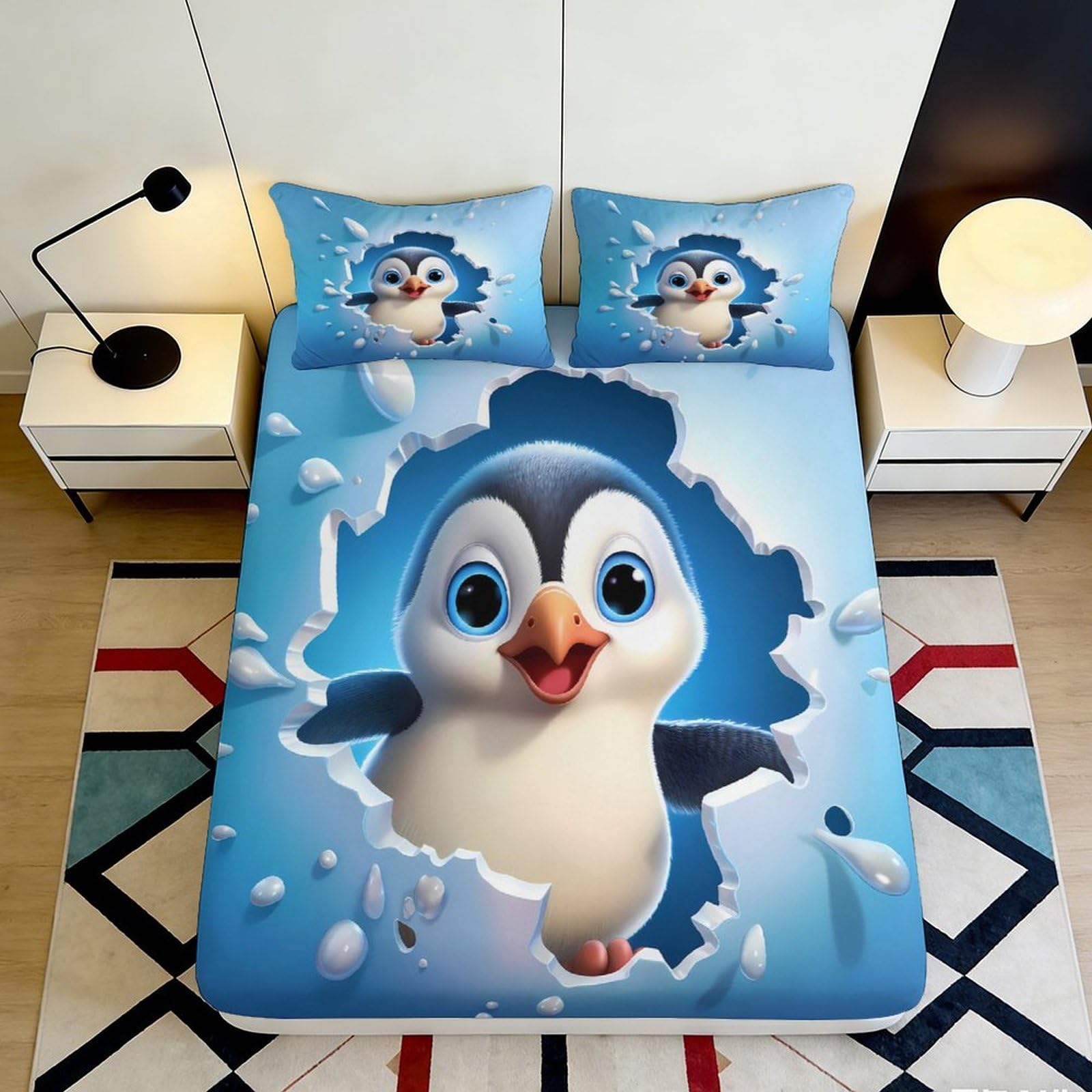 3D Printed Cute Penguin Fitted Sheet Microfiber Soft Blue Splash Cartoon Mattress Cover for Bedroom Guest Room Dorm 90x200x25cm