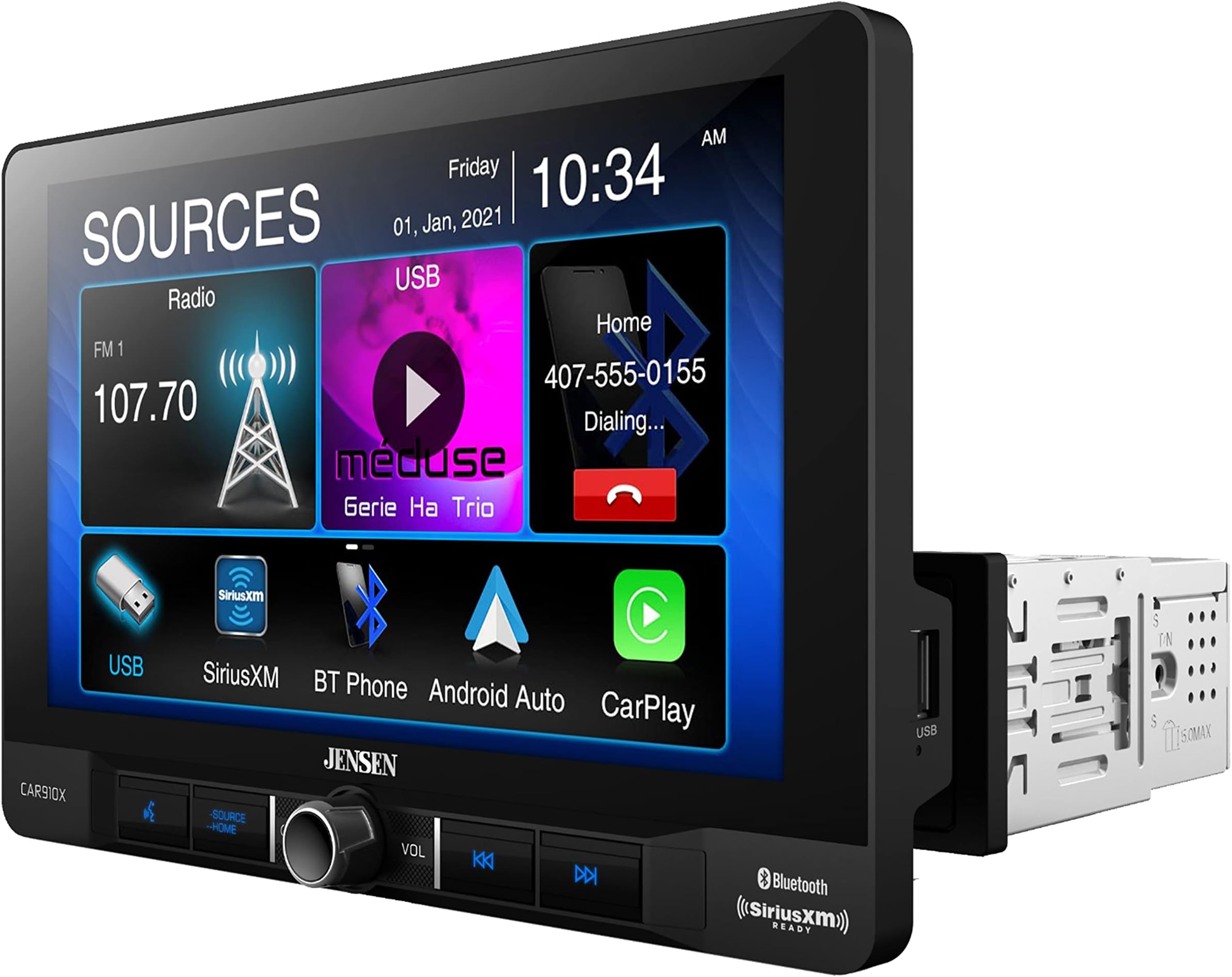 Jensen CAR910X Multimedia 9" Receiver with Apple CarPlay and Android Auto, 1024x600 Resolution, 500 cd/m2 Brightness, 500:1 Contrast Ratio, Back-up Camera Input, Front and Rear USB Inputs