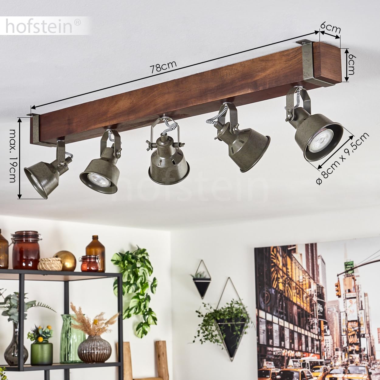 Pehefito, plafoniera moderna in metallo/legno nero/marrone scuro/verde/grigio, plafoniera industriale con paralume orientabile, 6 fiamme, 5 x GU10 senza lampadine