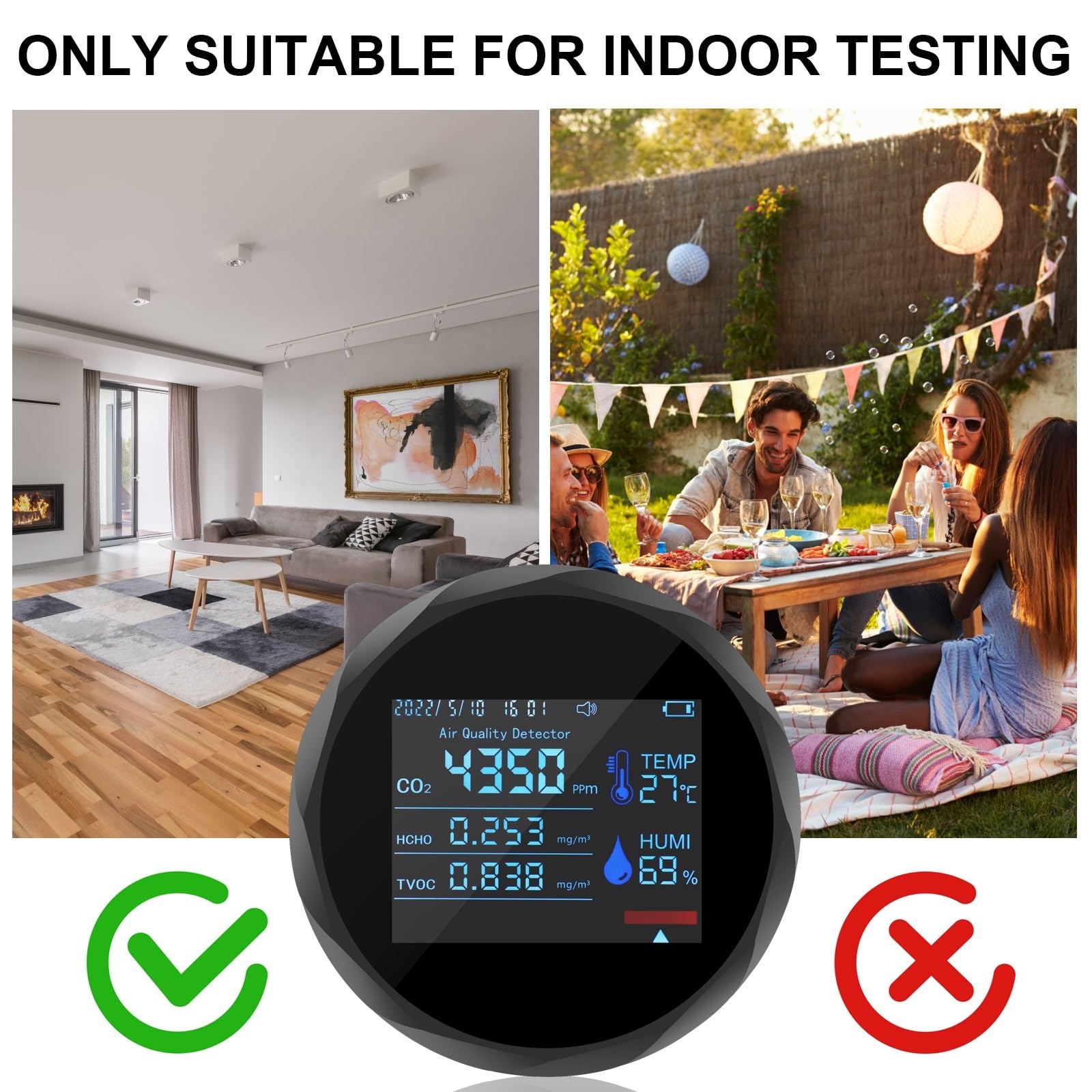 7 In 1 Misuratore di CO2 Digitale Temperatura Umidità Tester TVOC HCHO Rilevatore Monitor di qualità dell'aria Avviso Monitor di allarme(Noir)