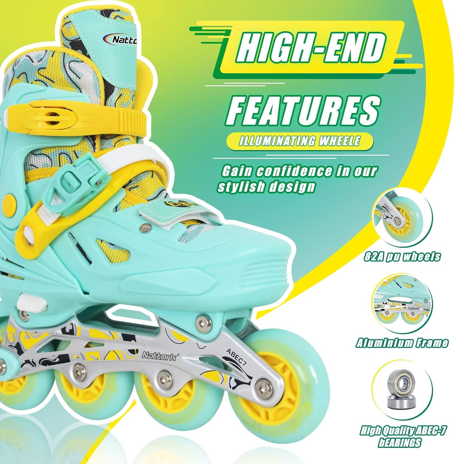 Nattork Inline Skates for Girls and Boys Kids, 4 Sizes Adjustable Inline Skates with Light up Wheels, Illuminating Beginner Roller Skates for Kids & Adult Youth