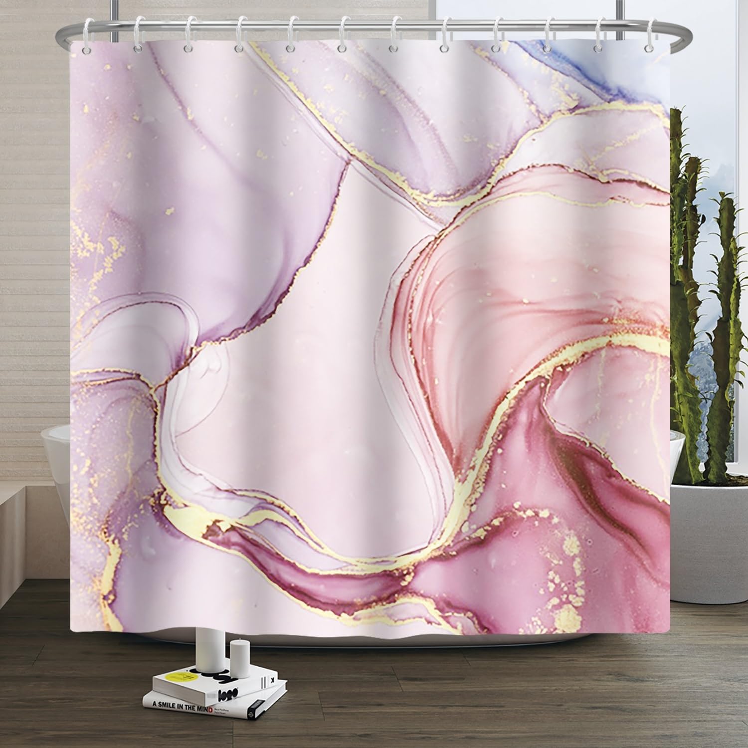 Xiaoterna 180x200cm Marble Shower Curtain Abstract Pink Gold Dots Waterproof Polyester Bathroom Curtain Luxury Modern Aesthetic Artistic Washable Mildew Resistant Bathroom Decorative Fabric โ image 1