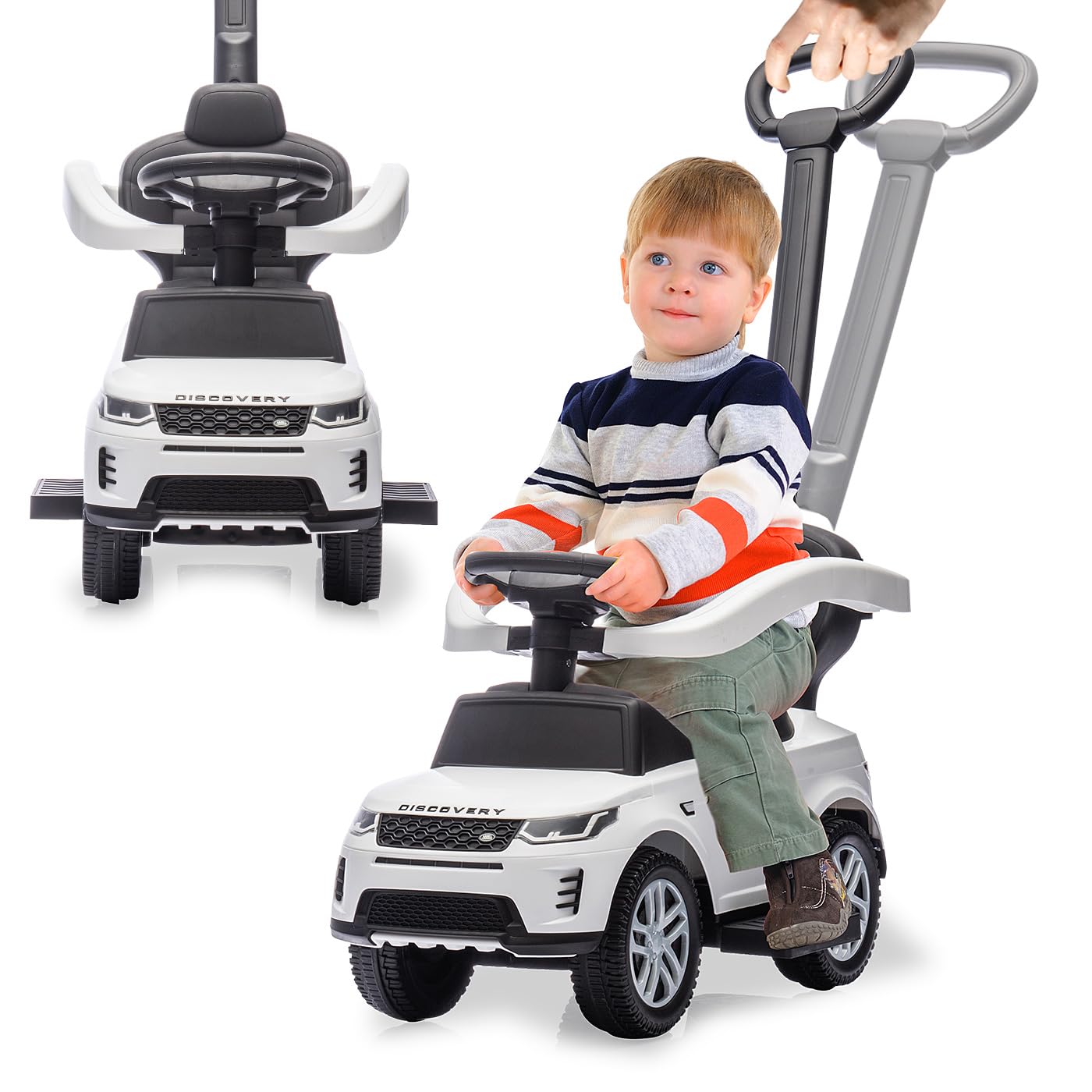 JAMARA 464058 Rutscher Land Rover Discovery 3in1, Rutschauto mit Schubstange, Kinder Fahrzeug Car, Spielzeug Rutscher, Geschenkidee für Kinder, Kippschutz, Schub- und Haltestange