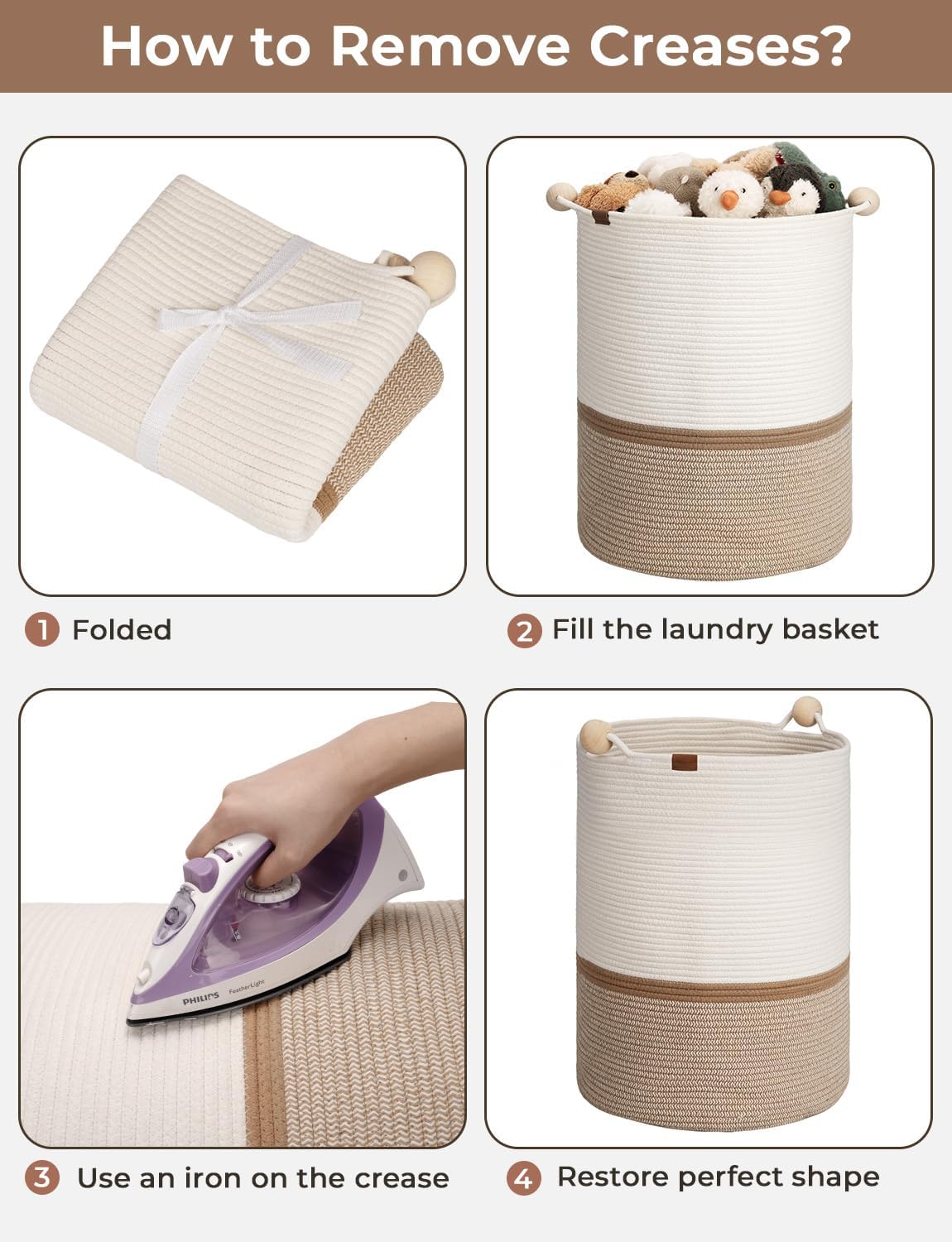 StorageWorks 72L Cotton Rope Laundry Basket with Wooden Beads Handles, Woven Basket for Storage, Dirty Clothes, Kids Toys, Towels, White & Khaki