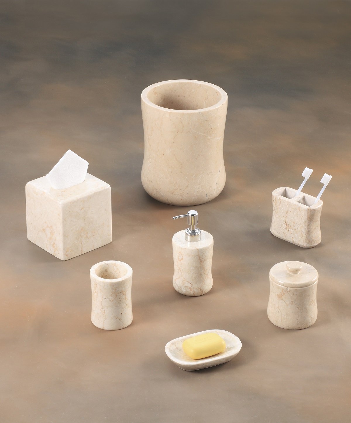 Creative Home Natural Champagne Marble Curvy Collection Cotton Ball Swab Holder Bathroom Storage Jar Container Organizer, 3.6 Diam. x 4.8 H Inch, Beige