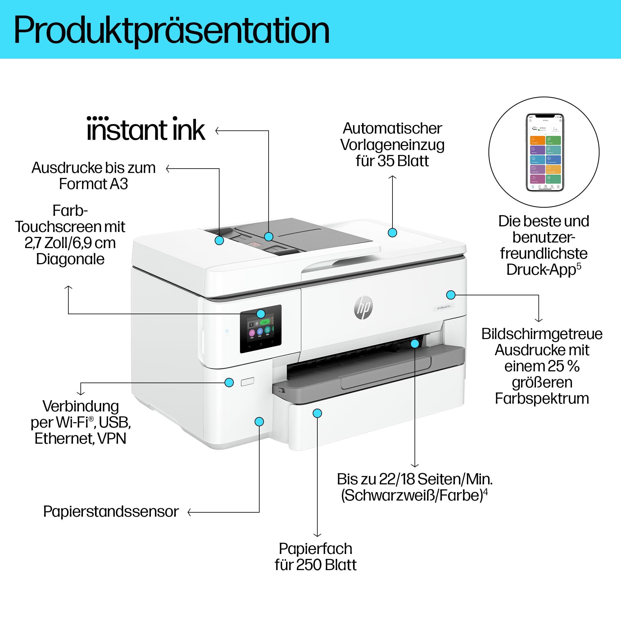 HP OfficeJet Pro 9720e A3-Multifunktionsdrucker, Drucken bis A3, 6 Monate gratis drucken Instant Ink inklusive, Drucker, Scanner, Kopierer, WLAN, LAN