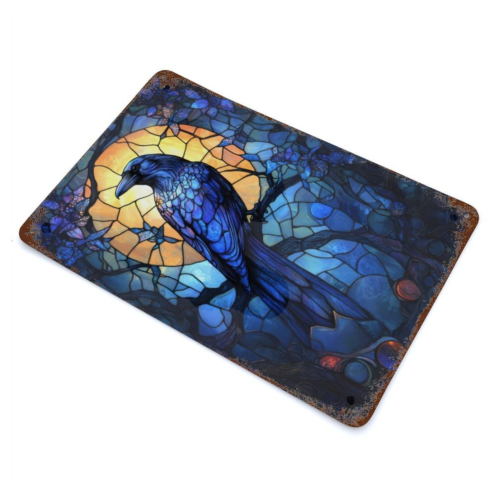 Garage Style Raven in Stained Glass Rusty Metal Tin Sign 11.8"x7.9", Farmhouse Wall Decor for Bar And Workshop
