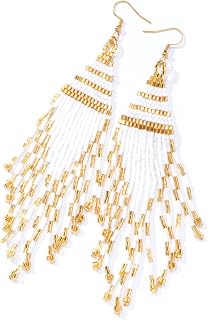 Long Dangle Native American Beaded Tassel Earrings with Fringe Seed Bead Boho Statement Earrings for Women Girls