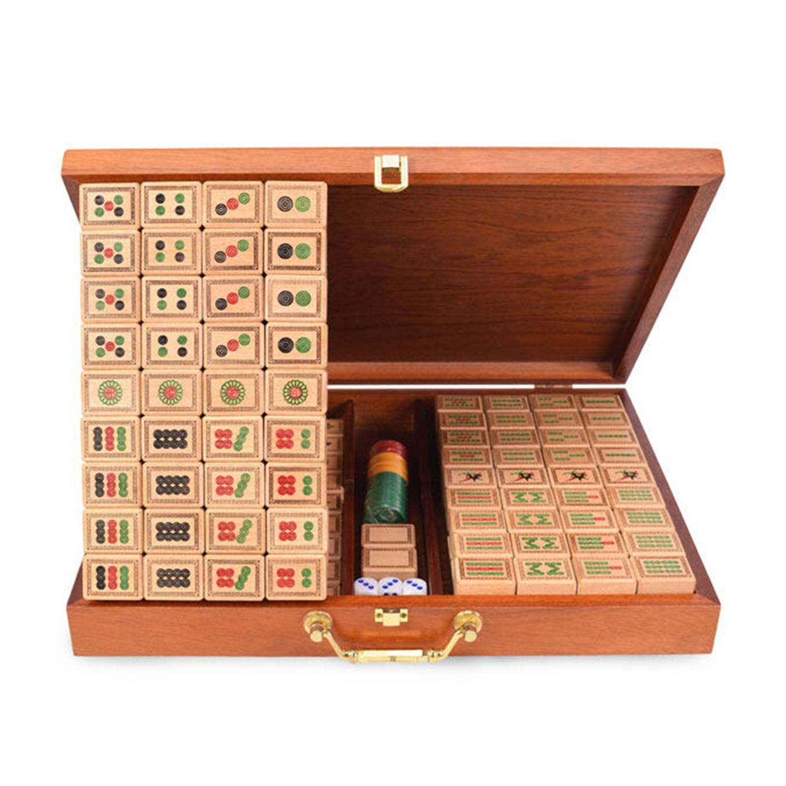 Chinesisches Mahjong-Fliesen-Set mit 146 Stück 1,5 Zoll großen Mah-Jongg-Fliesen aus Buchenholz mit tragbarem Koffer und Würfeln, geeignet for Reisen und Partys