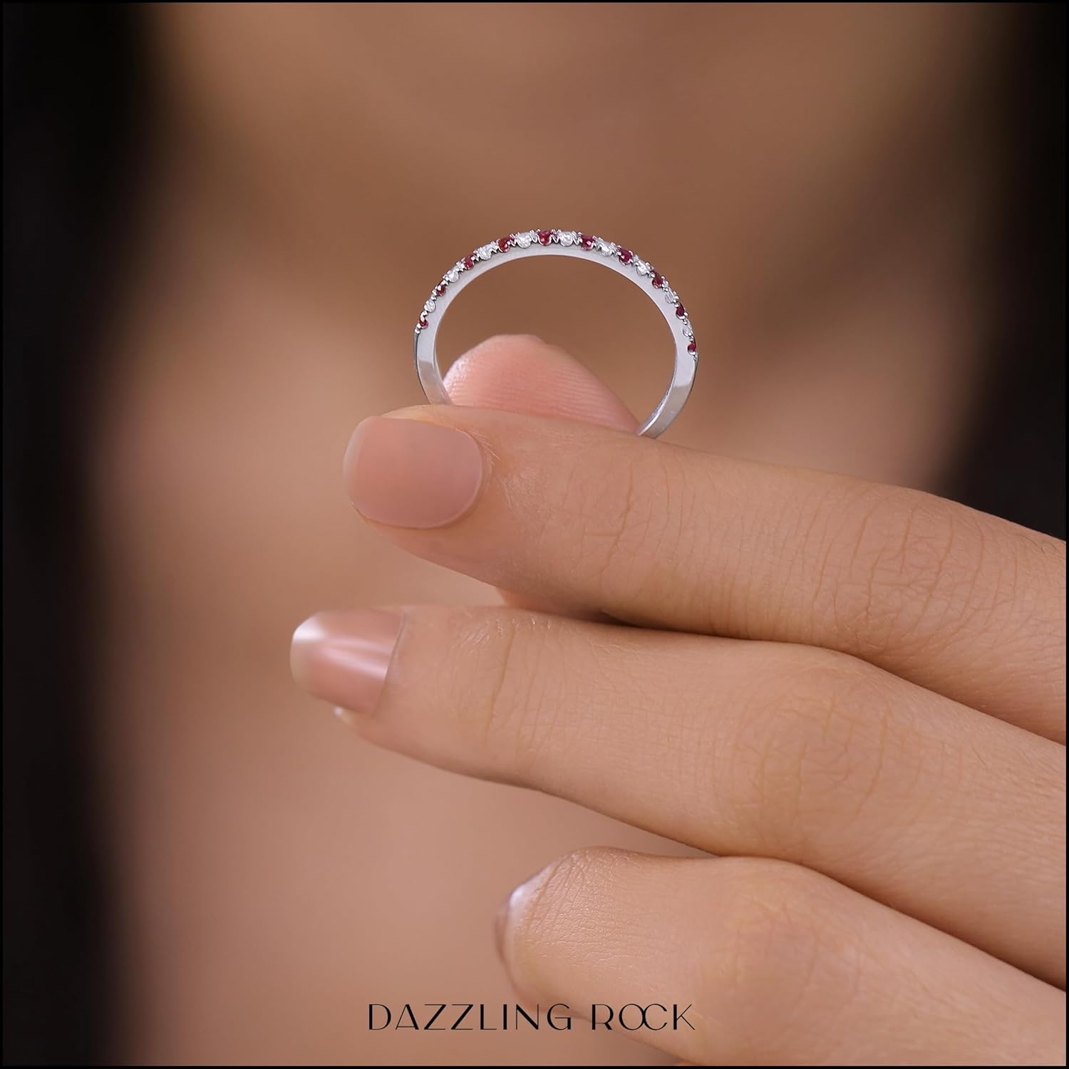 Dazzlingrock Collection Round Alternate Ruby & White Diamond Stackable Wedding Band for Women in 925 Sterling Silver