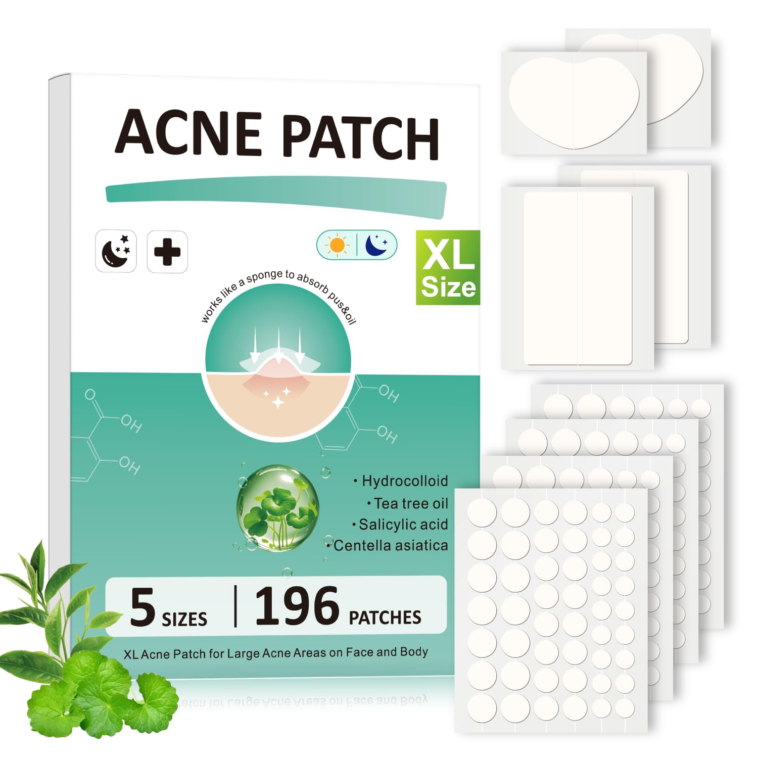 Large Hydrocolloid Pimple Patches for Face Variety Pack 5 Sizes 196 Count XL Invisible Acne Spot Dots Stickers