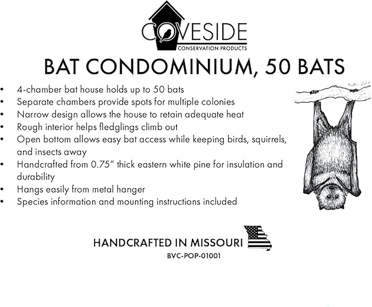 Bat Condominium for 50 Bats – Four-Chamber Vertical Bat House Made of Durable Eastern White Pine – Ideal for Nursing Colonies – Easy Mount with Hanger Bracket – 19" x 9.5" x 7.5" – Made in USA