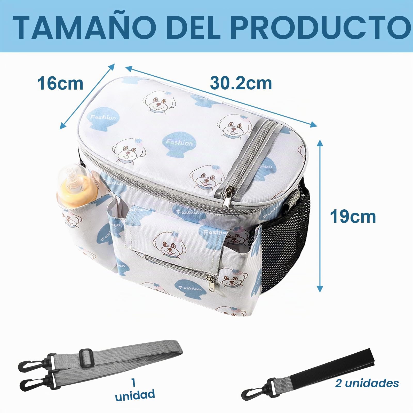 Bolso Carro Bebe, Bolso Organizador Carrito Bebe, Bolso para Carro Bebe con Portavasos y Bolsillo para Pañuelos, Bolso Carro Bebé Universal con Cierre de Cremallera y Correa Ajustable para el Hombro