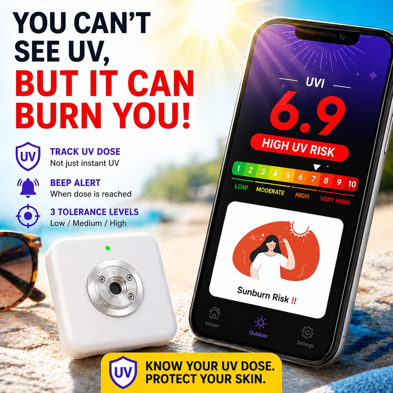 Medidor de índice UV con Alarma de dosis (0–22 UVI), Aviso sonoro Cuando los Niveles UV Son peligrosos, aplicación Bluetooth, medición de exposición UV al Aire Libre